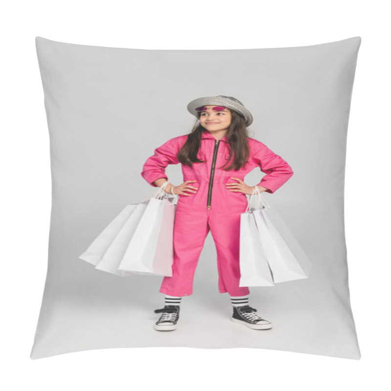 Personality  Happy Girl In Stylish Outfit, Sunglasses And Panama Hat Holding Shopping Bags On Grey, Hands On Hips Pillow Covers