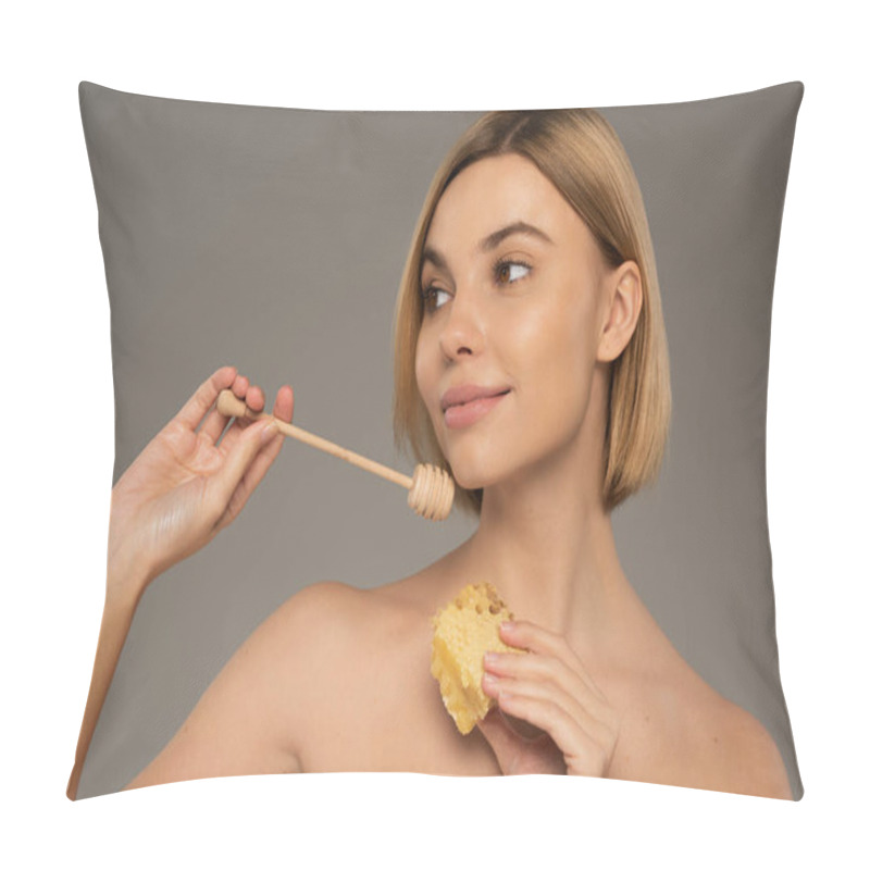 Personality  Pleased Woman With Bare Shoulders Holding Sweet Honeycomb And Wooden Dipper Isolated On Grey Pillow Covers