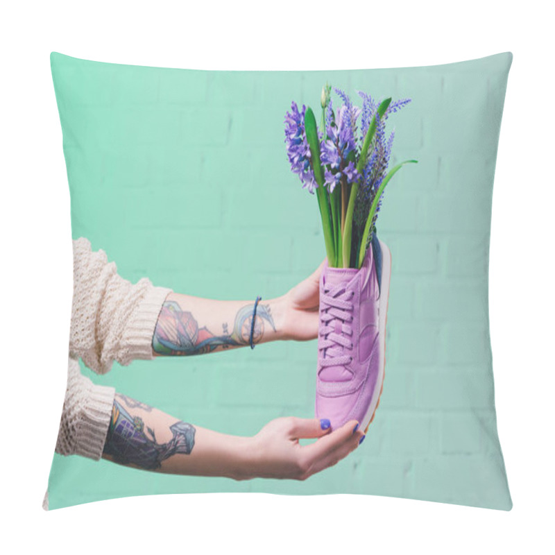 Personality  Cropped Image Of Girl Holding Shoe With Hyacinth Flowers Pillow Covers