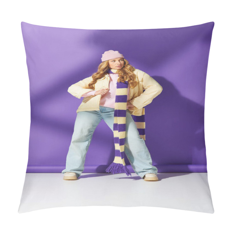 Personality  A Young Beautiful Woman Showcases Her Fashion Sense In A Cozy Outfit And A Long Scarf. Pillow Covers