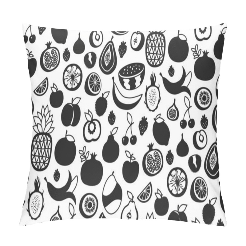 Personality  Fruits, Berries Symbol Seamless Pattern. Sliced Lemon Orange Apple Pear Watermelon Peach Pineapple Dragon Fruits Mango Banana Pomegranate Boundless Background. Simple Endless Cartoon Vector Art Design Pillow Covers