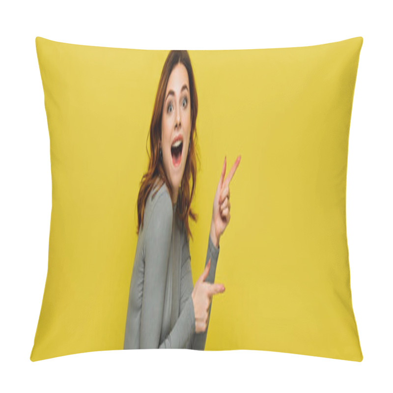 Personality  Excited Woman Looking At Camera While Pointing With Fingers Isolated On Yellow, Banner Pillow Covers