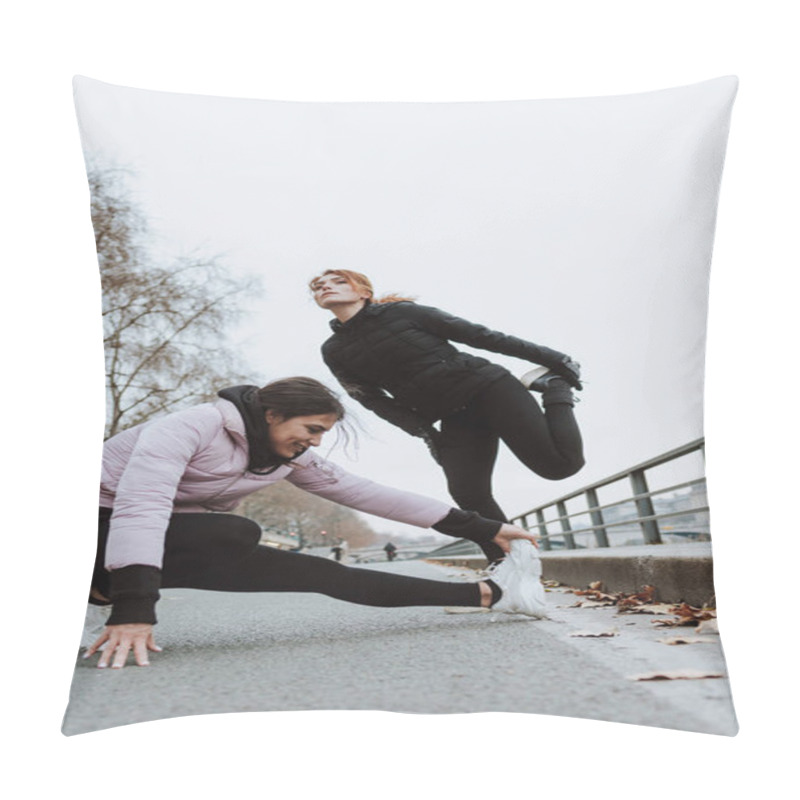 Personality  Two French Girls Or Hispanic Couple Of Women In Sports Outfit Stretching And Doing Exercises Outdoors In Winter Weather In Europe Pillow Covers