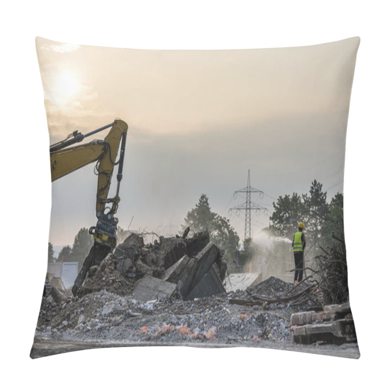 Personality  Dawn Time Building House Demolition Site Excavator With Hydraulic Crasher Machine And Yellow Container Pillow Covers