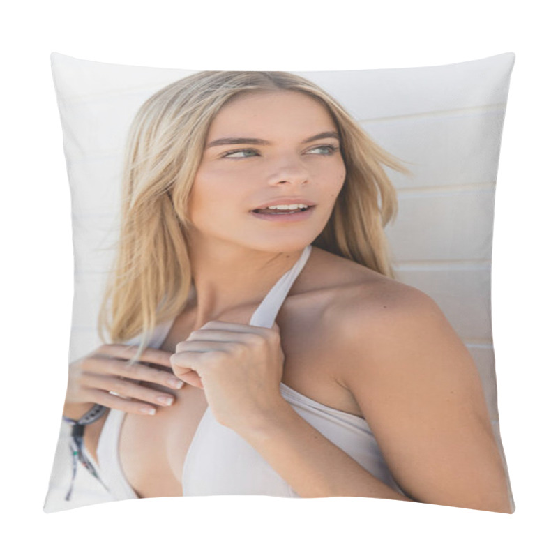 Personality  A Young Blonde Woman Radiates Beauty As She Poses For A Picture In A White Tank Top On Miami Beach. Pillow Covers