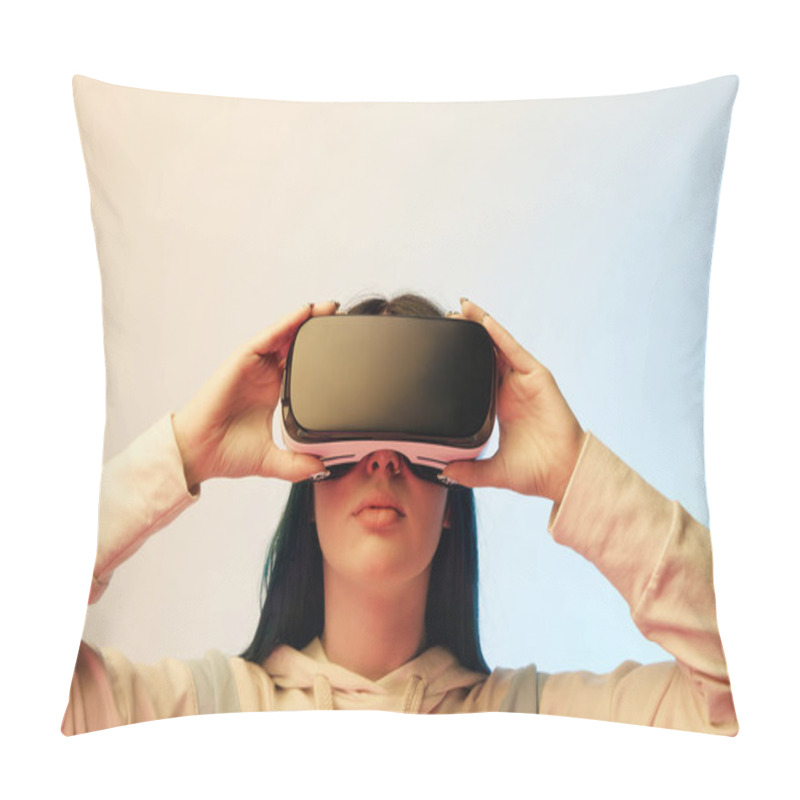 Personality  Beautiful Young Woman Touching Virtual Reality Headset On Beige And Blue  Pillow Covers