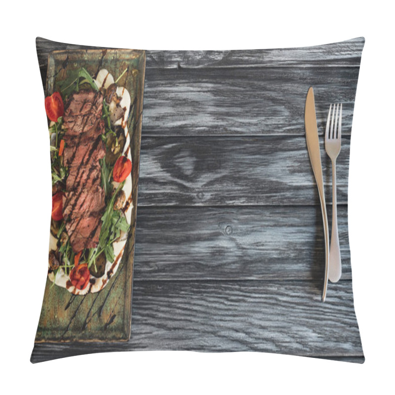 Personality  Top View Of Delicious Roasted Steak With Vegetables And Fork With Knife On Wooden Table  Pillow Covers