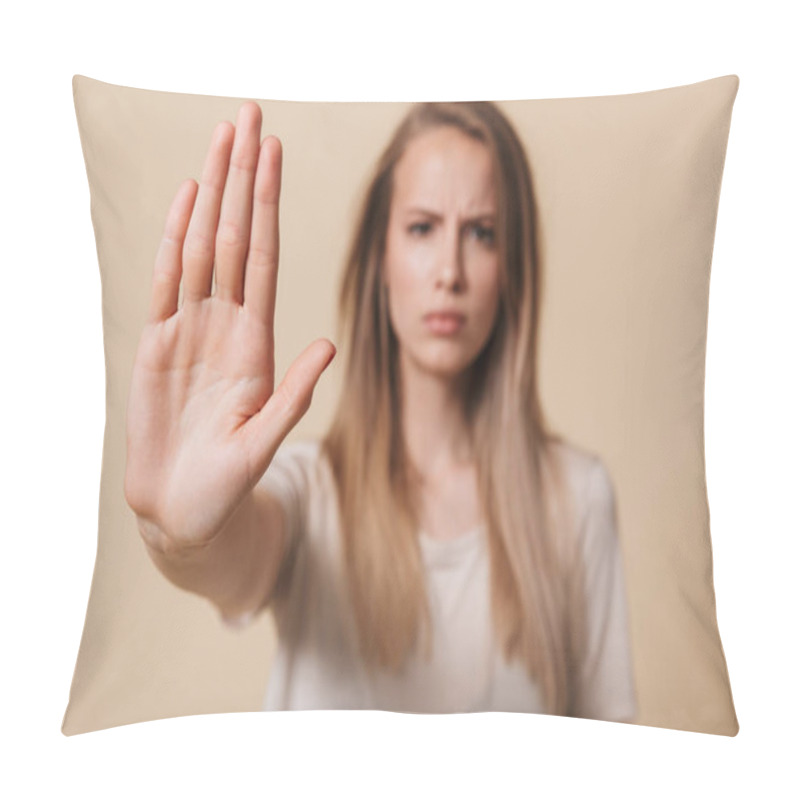 Personality  Portrait Of A Serious Young Woman Showing Stop Gesture With Her Palm Isolated Over Beige Background Pillow Covers