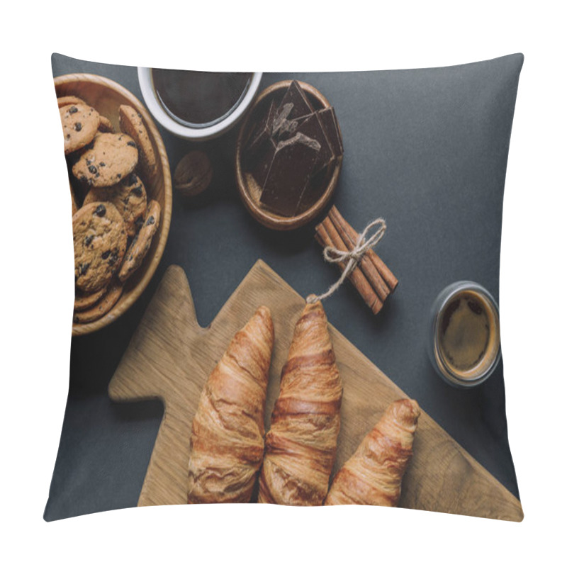 Personality  View From Above Of Cinnamon, Coffee, Croissants, Chocolate And Cookies On Black Table Pillow Covers