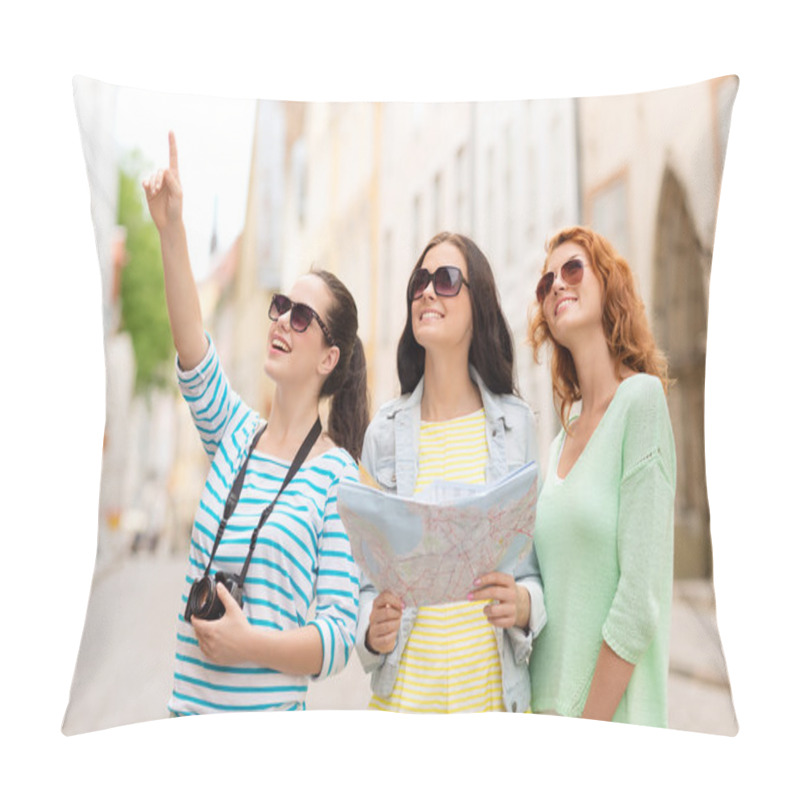 Personality  Smiling Teenage Girls With Map And Camera Pillow Covers