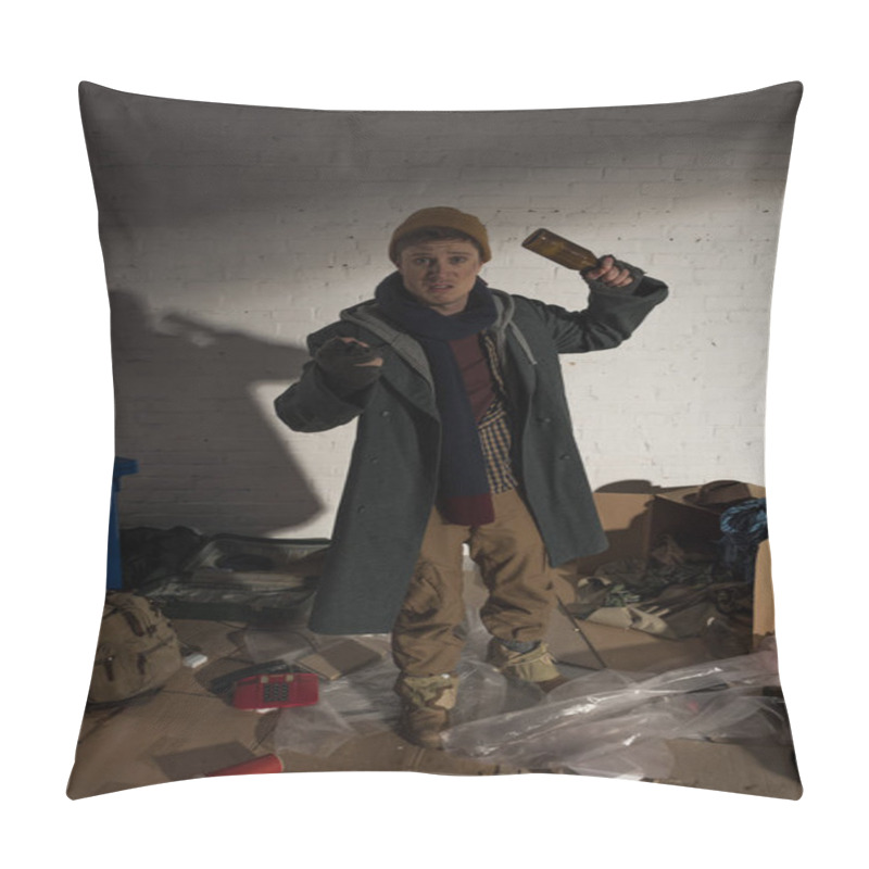 Personality  Drunk Homeless Man Holding Empty Bottle While Standing In Threatening Pose Pillow Covers