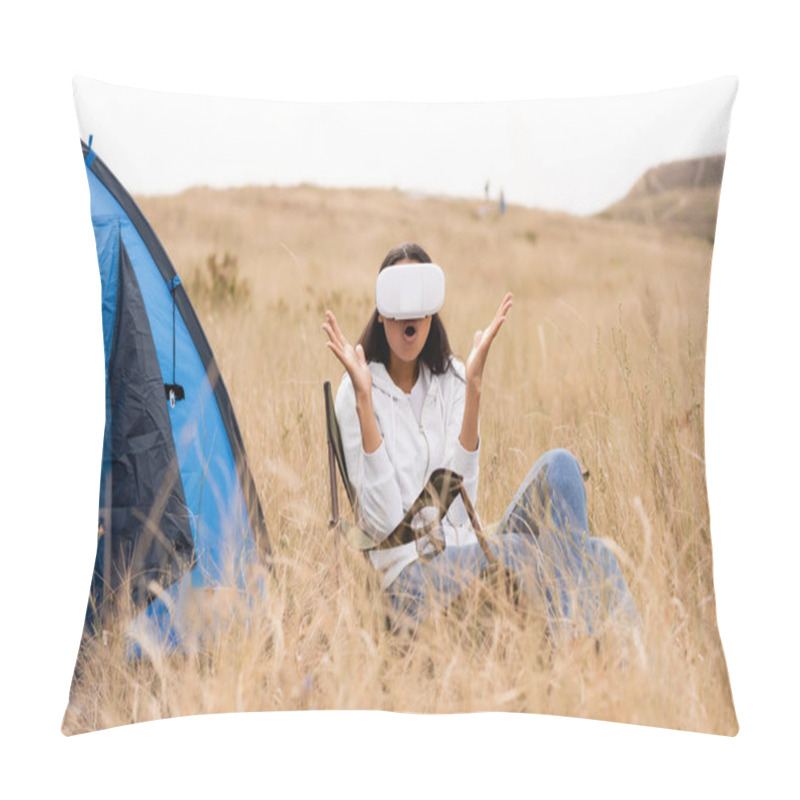 Personality  Excited African American Woman Using Vr Headset Near Tent On Grassy Meadow  Pillow Covers