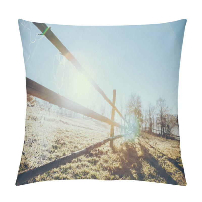 Personality  Close-up Shot Of Wooden Pasture Fence With Spider Web In Vorokhta, Carpathians, Ukraine Pillow Covers