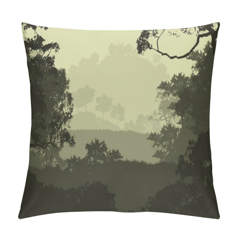 Personality  Abstract Hilly Forest Landscape With Foggy Trees With Copy Space, Natural Background Pillow Covers