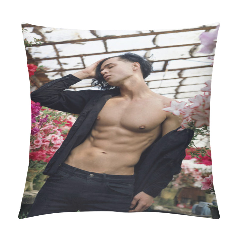 Personality  Handsome Young Guy In Black Shirt With Black Long Hair And Naked Torso Pillow Covers