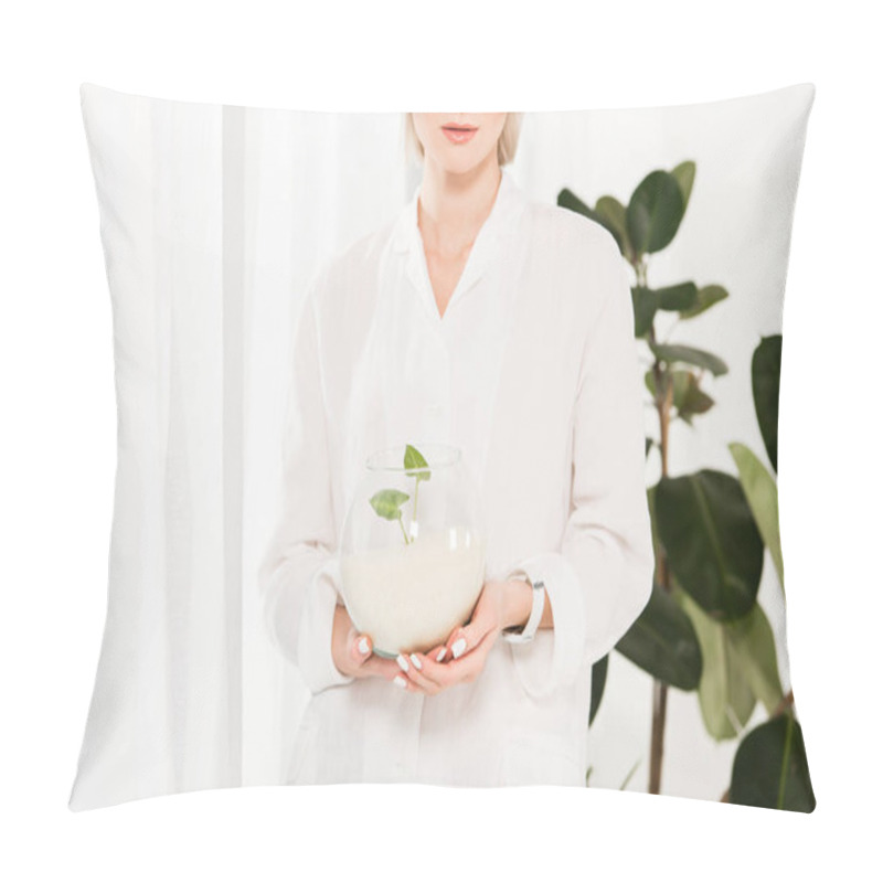 Personality  Cropped View Of Woman Holding Glass Fish Bowl With Sand Near And Green Leaves,  Environmental Saving Concept  Pillow Covers