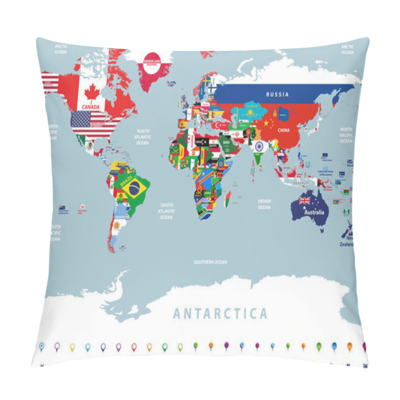 Personality  Vector High Detailed Illustration Of Map Of The World Jointed With Countries Flags Pillow Covers