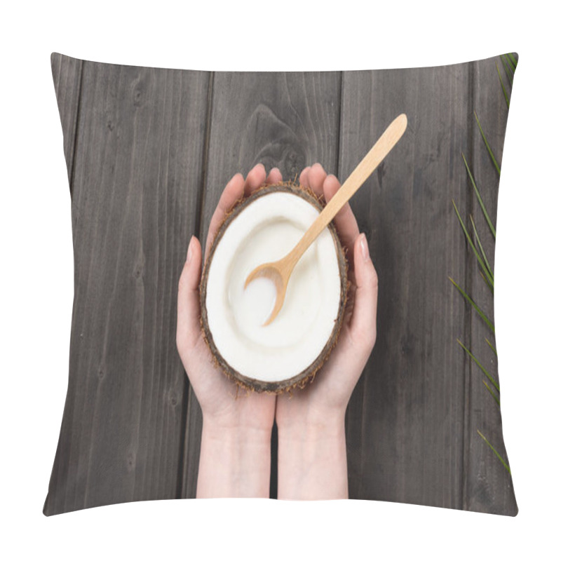 Personality  Hands Holding Coconut With Milk And Spoon Pillow Covers