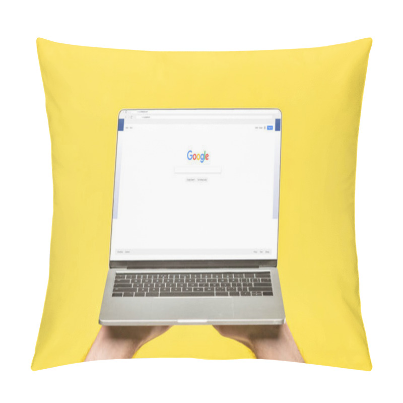 Personality  Cropped Shot Of Person Holding Laptop With Google Website On Screen Isolated On Yellow Pillow Covers