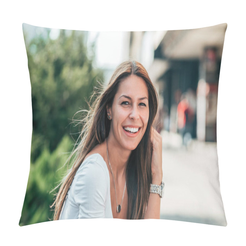 Personality  Portrait Of Gorgeous Smiling Young Woman Outdoors. Pillow Covers