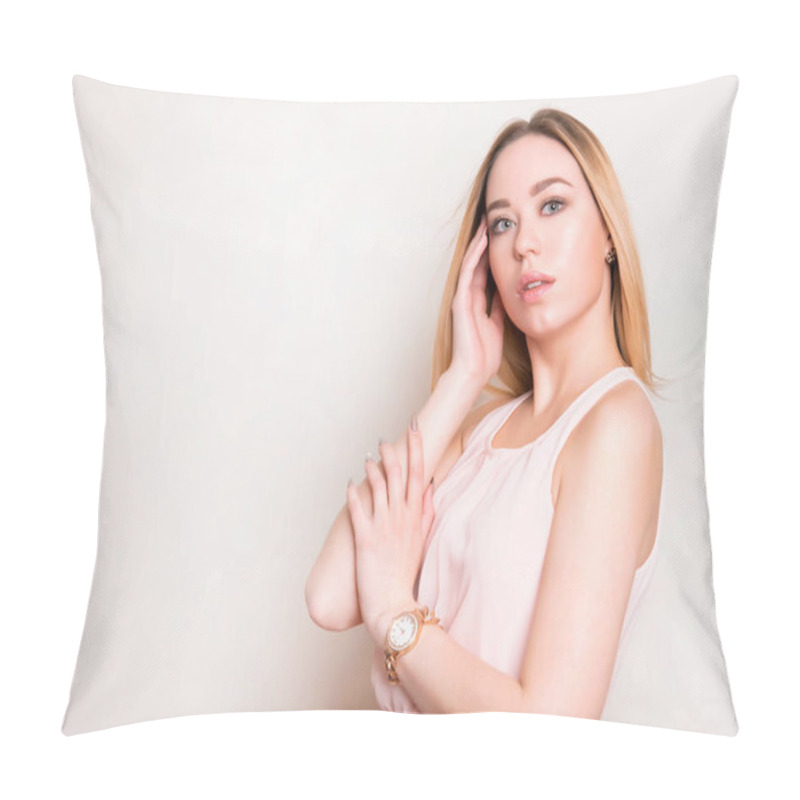 Personality  Beautiful Young Woman With Wrist Watch Pillow Covers