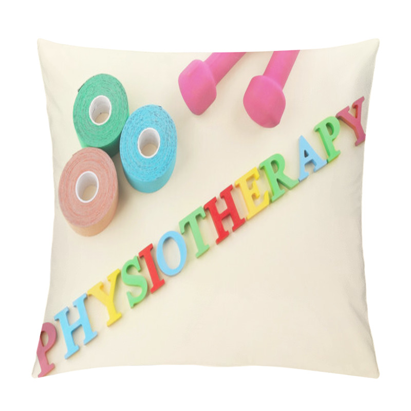 Personality  Word Physiotherapy With Elastic Bandage And Dumb-bells On Beige Background Pillow Covers