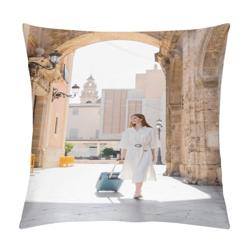 Personality  Full Length Of Cheerful Redhead Woman Walking With Baggage On Street Of Valencia Pillow Covers