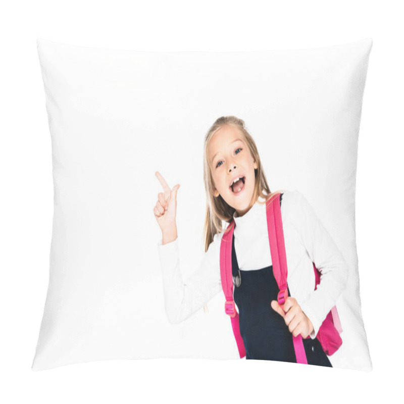 Personality  Cheerful Schoolgirl Pointing With Finger While Smiling At Camera Isolated On White Pillow Covers