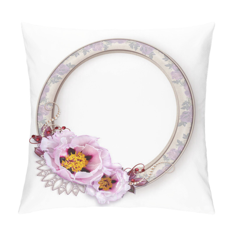 Personality  Oval Photo Frame. Bouquet Of Pink And Pastel Peonies. Flower Composition. Pastel Tone. Pillow Covers