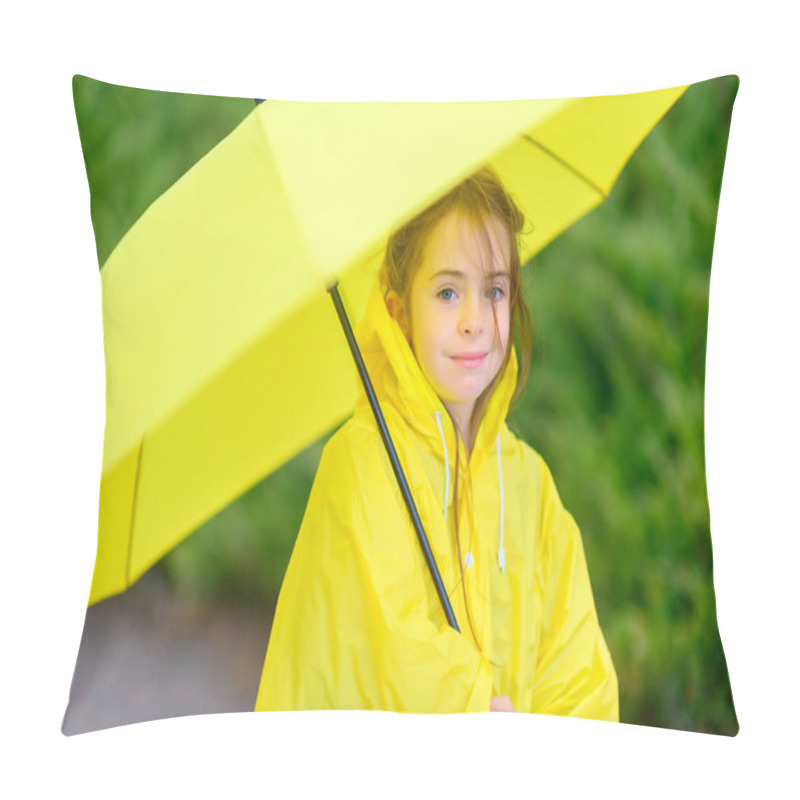 Personality  Cute Little Girl In A Raincoat And With An Umbrella In Her Hands Walks Outdoors Pillow Covers