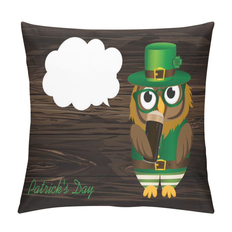 Personality  Owl Drink Dark Beer In A Glass In National Costume At Patrick's  Pillow Covers