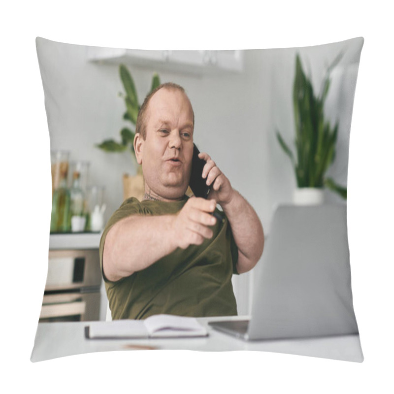 Personality  A Man With Inclusivity On A Phone Call In His Home Office, Sitting At A Desk With A Laptop And Notepad. Pillow Covers