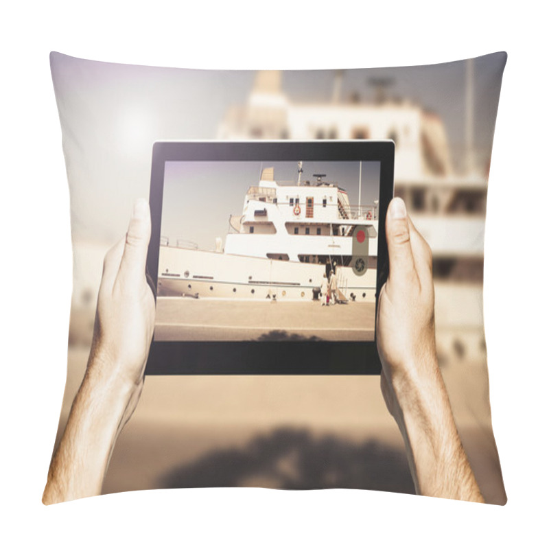 Personality  Hands Holding A Tablet. Taking A Photo Of A Luxury Yacht. Pillow Covers