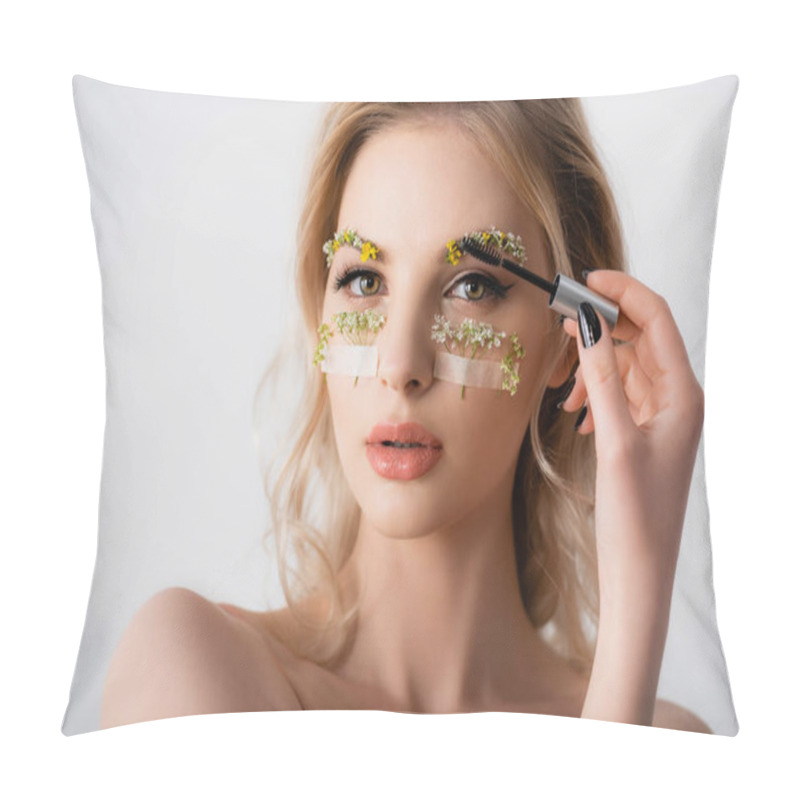 Personality  Naked Beautiful Blonde Woman Styling Wildflowers On Eyebrows With Brow Gel Isolated On White Pillow Covers