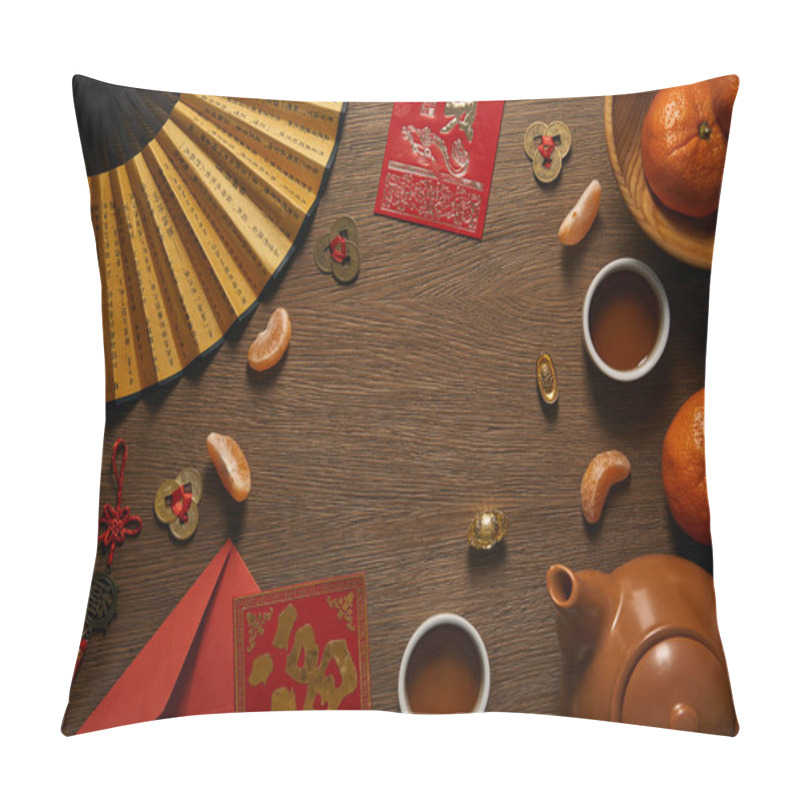 Personality  Top View Of Chinese New Year Composition On Wooden Table  Pillow Covers