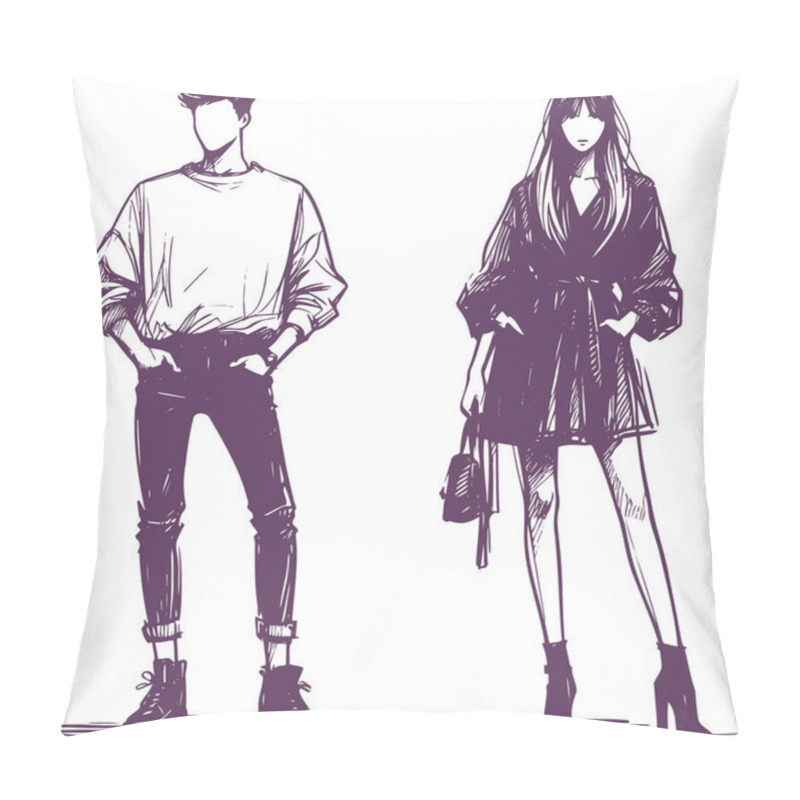 Personality  Fashionable Duo In Modern Clothes Minimalistic Graphics With An Emphasis On Details Pillow Covers