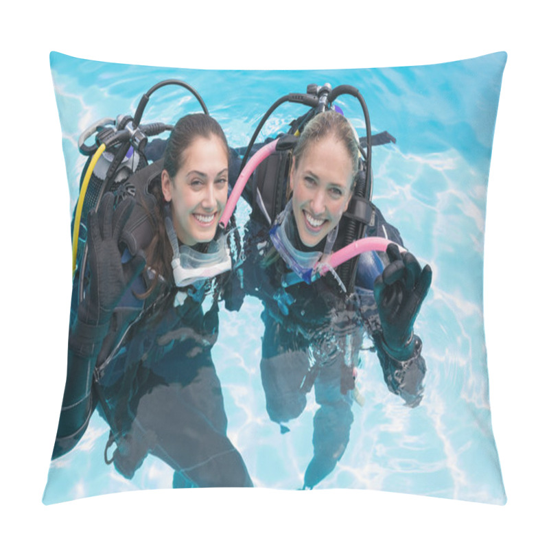 Personality  Friends On Scuba Training In Swimming Pool Pillow Covers