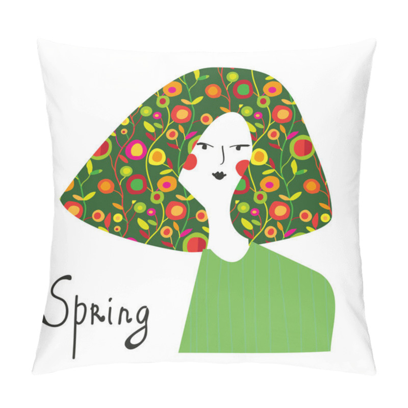 Personality  Spring Girl With Floral Hair Fashion Banner. Vector Graphic Illustration Pillow Covers