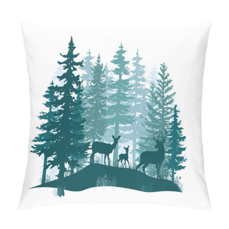 Personality  Deer With Antlers, Doe, Fawn Posing In Magic Misty Forest. Silhouettes Illustration. Coniferous Trees. Pillow Covers