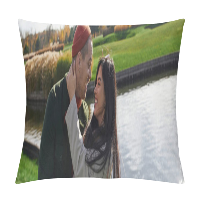 Personality  A Loving Couple Embraces Affectionately Against A Backdrop Of Vibrant Autumn Colors By The Lake. Pillow Covers