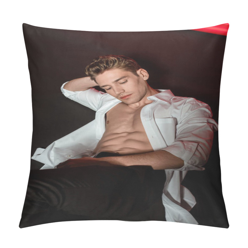 Personality  Sexy Young Elegant Man In Unbuttoned Shirt With Muscular Bare Torso Lying On Floor On Black Background Pillow Covers