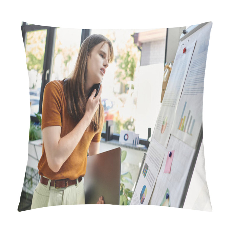 Personality  In A Vibrant Workspace, A Non Binary Person Reflects On Charts While Holding A Tablet. Pillow Covers