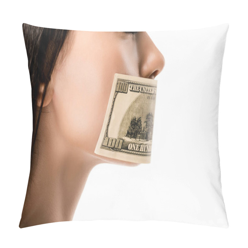 Personality  Cropped Shot Of Woman With Dollar Banknote On Mouth And Closed Eyes Isolated On White Pillow Covers