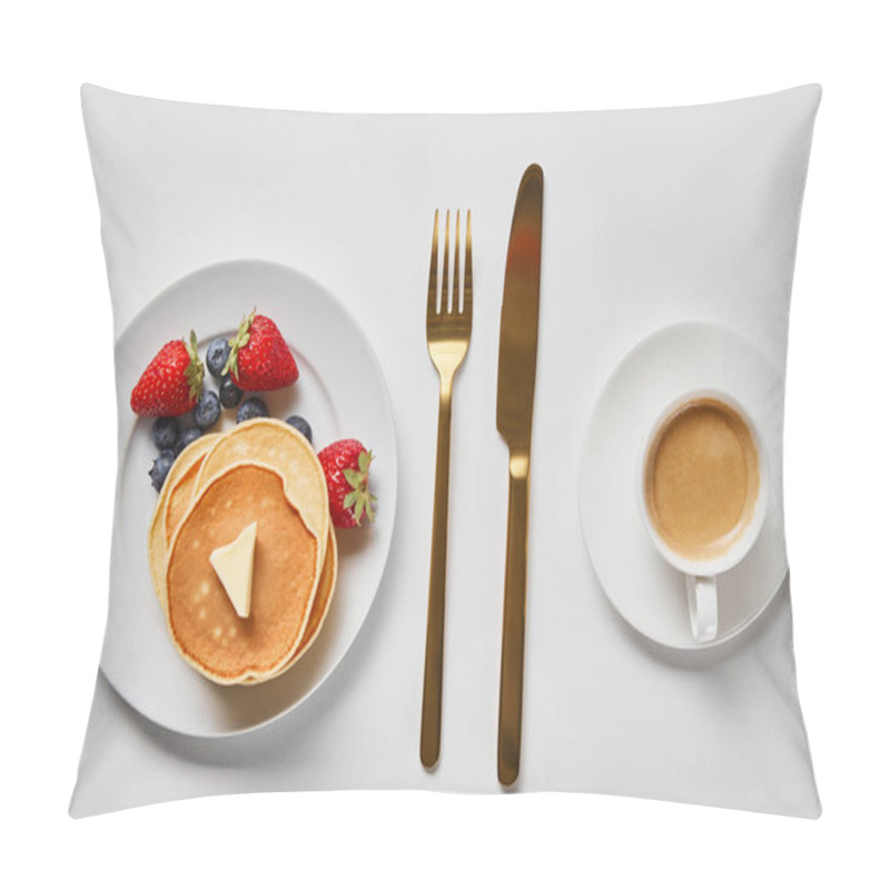 Personality  Top View Of Tasty Breakfast With Pancakes, Berries And Cup Of Coffee Near Golden Cutlery Pillow Covers