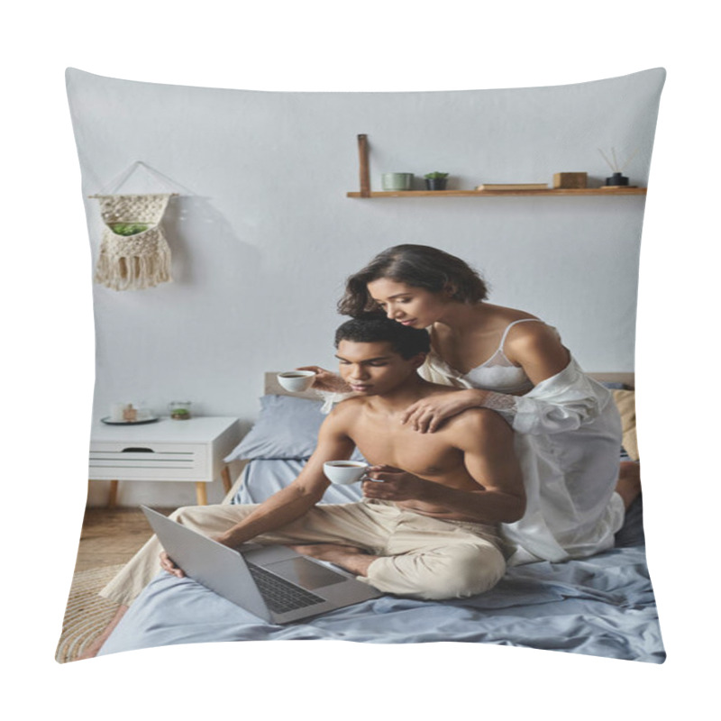 Personality  A Young Couple Enjoys A Cozy Morning Together In Their Bedroom, Sipping Coffee And Browsing On A Laptop. Pillow Covers