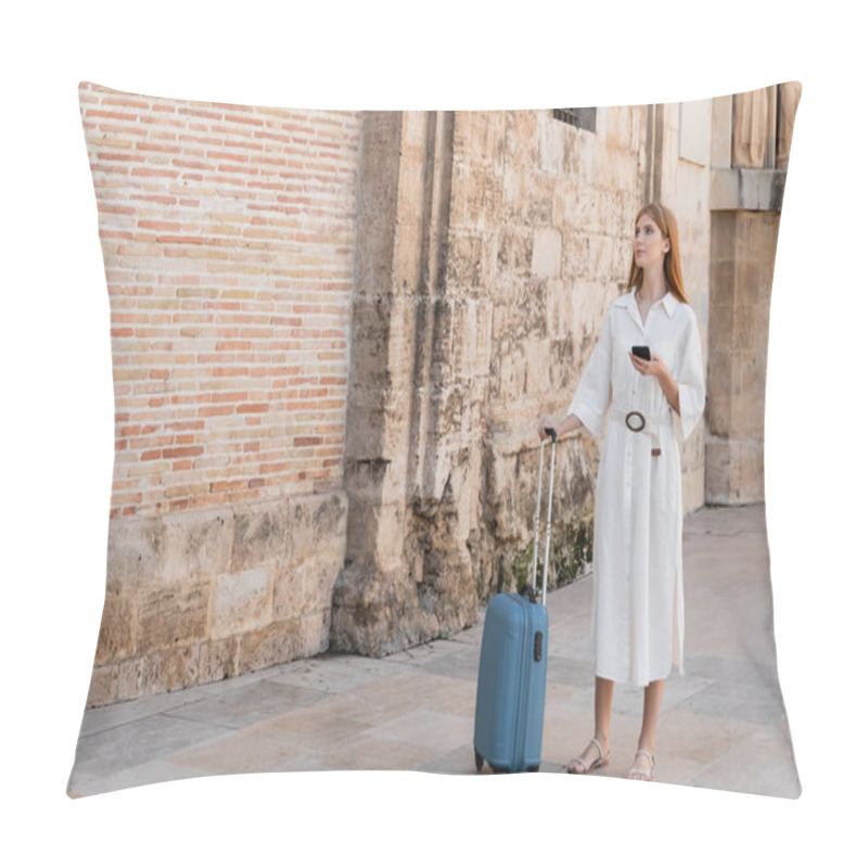 Personality  Full Length Of Redhead Woman Standing With Luggage And Using Smartphone In Valencia  Pillow Covers