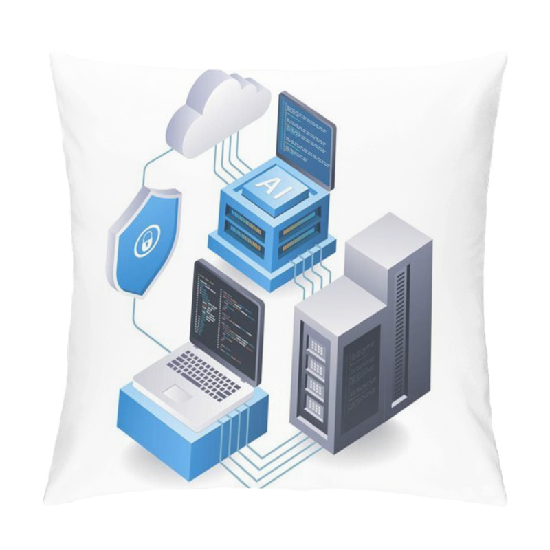 Personality  Computer Technology Cloud Server Artificial Intelligence Data Concept, Flat Isometric 3d Illustration Pillow Covers