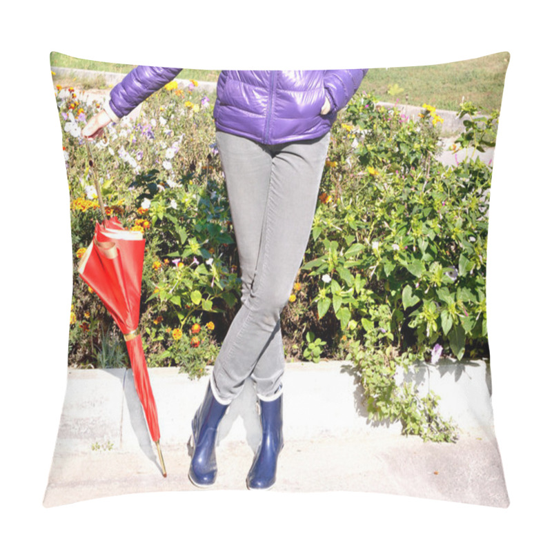 Personality  Woman With Blue Rubber Boots And Jacket Staying Near The Flower-bed Holding Red Fashion Umbrella Pillow Covers