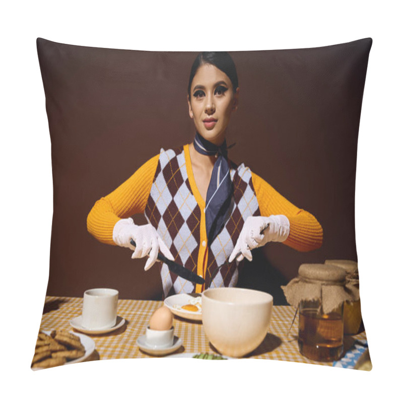 Personality  A Stylish Woman With White Gloves Is Cutting Food At A Table Setting. Pillow Covers