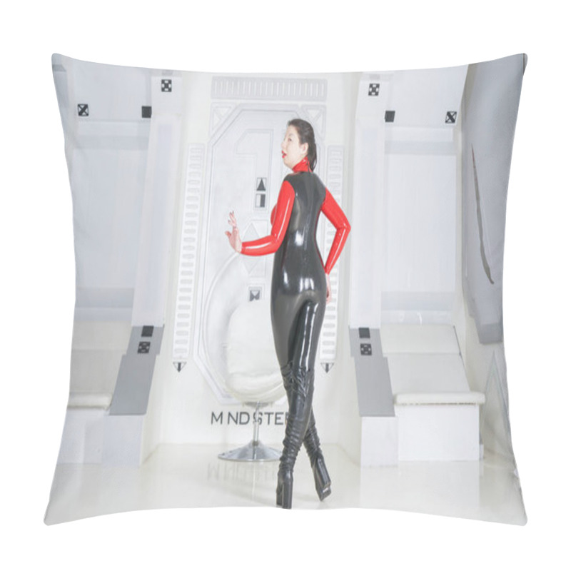 Personality  Latex Rubber Fetish Woman On White Cosmos Star Ship Background Alone Pillow Covers